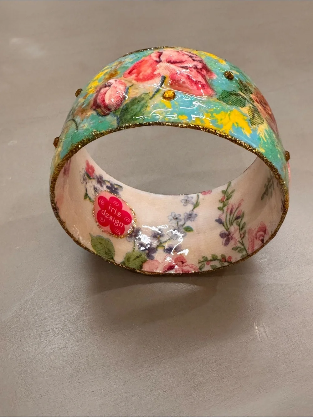 iris Floral Turquoise and Pink Rose Bangle with Gold Trim
